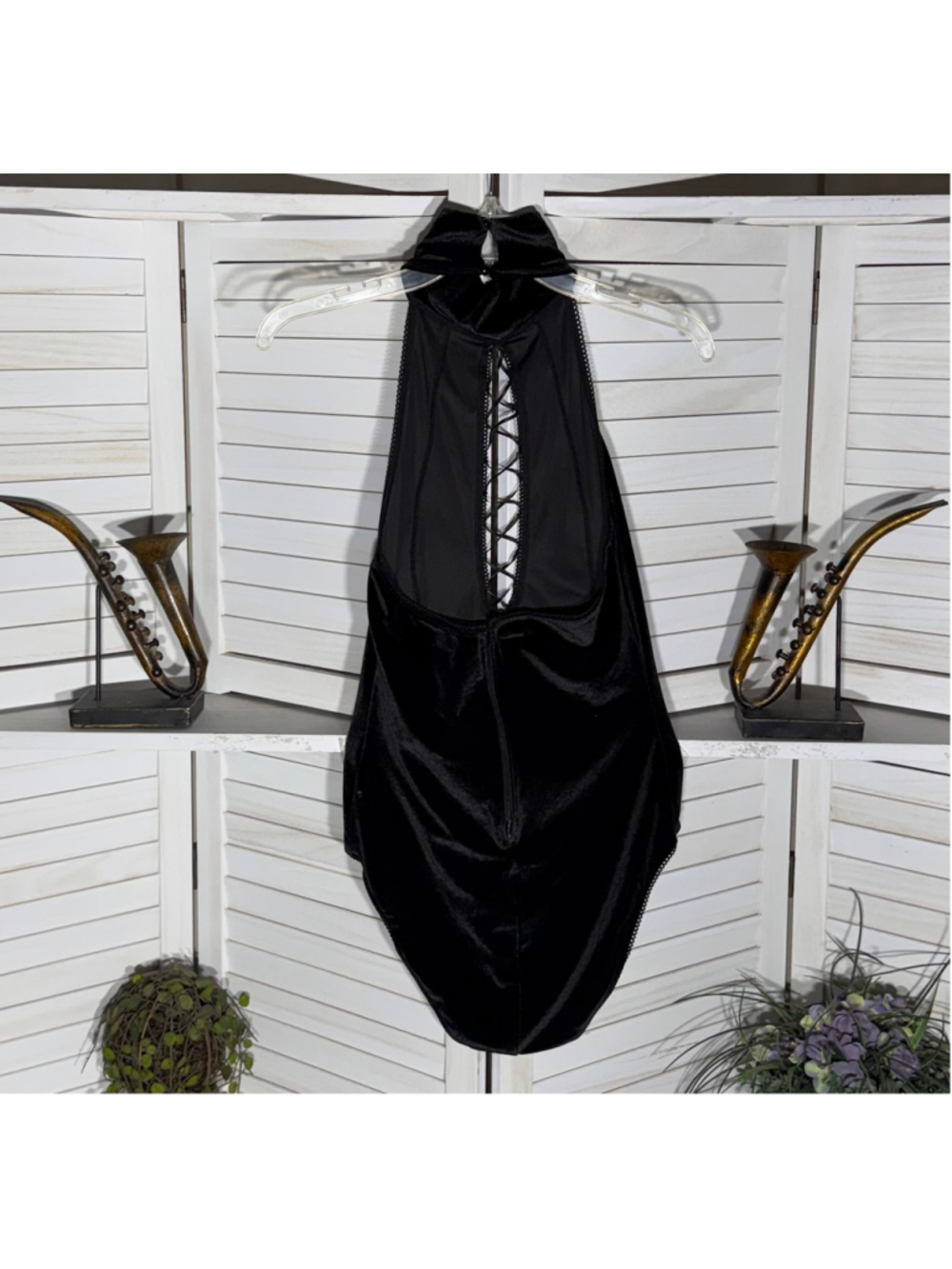 Black velvet bodysuit corset neckline bow zip snap close whimsigoth punk alt M